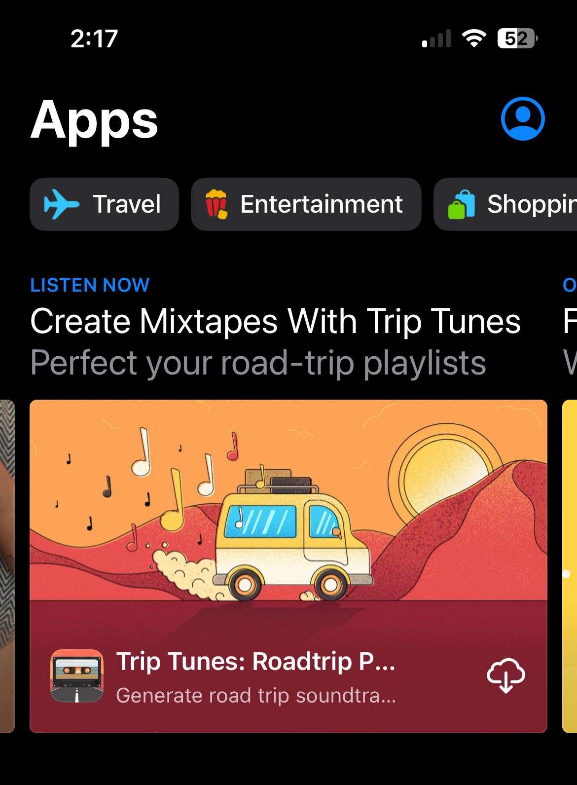 Screenshot of App Store showing Trip Tunes on the carousel of Apps tab